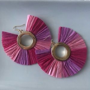 Two tone pink raffia fan earrings